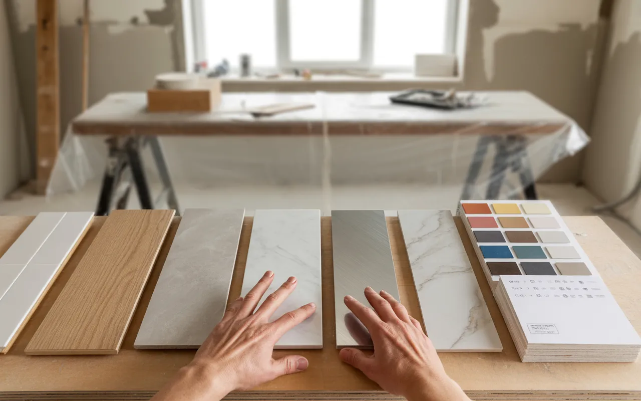 Travaux de rénovation : comment choisir les bons matériaux - gros plan de deux mains comparant des échantillons (carrelage, parquet chêne, marbre, plâtre, nuancier, métal brossé) sur un établi clair, lumière naturelle, chantier flou en arrière-plan.