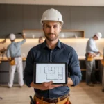 Les avantages d’un interlocuteur unique pour vos rénovations: chef de projet confiant à la tablette, coordonnant des artisans flous dans un appartement haut de gamme en rénovation.