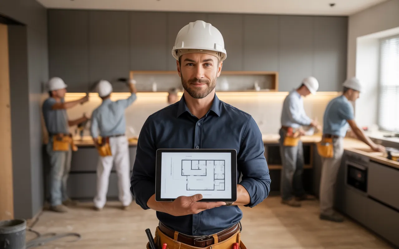 Les avantages d’un interlocuteur unique pour vos rénovations: chef de projet confiant à la tablette, coordonnant des artisans flous dans un appartement haut de gamme en rénovation.