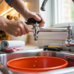 Fuite d’eau : que faire avant l’arrivée du plombier — mains fermant la vanne d’arrêt sous l’évier d’une cuisine moderne; gouttes dans un seau, chiffons et clé à molette.