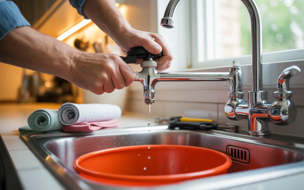 Fuite d’eau : que faire avant l’arrivée du plombier — mains fermant la vanne d’arrêt sous l’évier d’une cuisine moderne; gouttes dans un seau, chiffons et clé à molette.