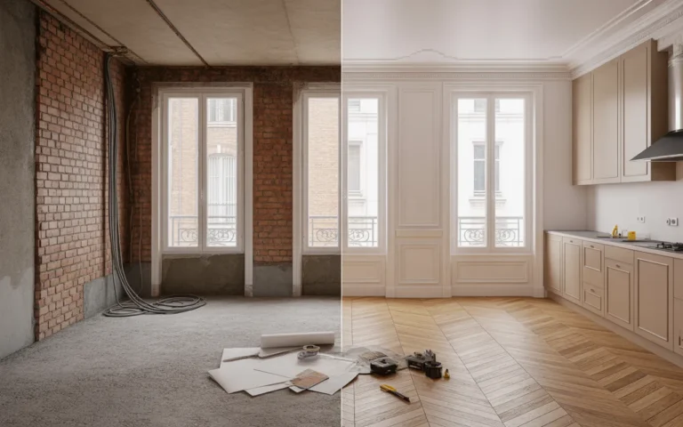 Rénovation d’appartement à Paris : les étapes clés pour un chantier réussi — avant/après d’un salon haussmannien: gauche en travaux (murs décapés, câbles, sol brut, gravats), droite rénovée moderne (parquet en chevron, murs blancs à moulures, cuisine minimaliste beige, robinetterie noir mat), plans et échantillons au premier plan, lumière dorée, fenêtres à petits carreaux sur toits en zinc et silhouette lointaine de la Tour Eiffel.