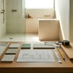 Comment bien préparer une rénovation de salle de bain: échantillons de carrelage, terrazzo, peintures vert sauge et bois sur plan de travail; au fond, douche à l’italienne, microciment sable, meuble-vasque en chêne et robinetterie en laiton brossé, chantier propre.