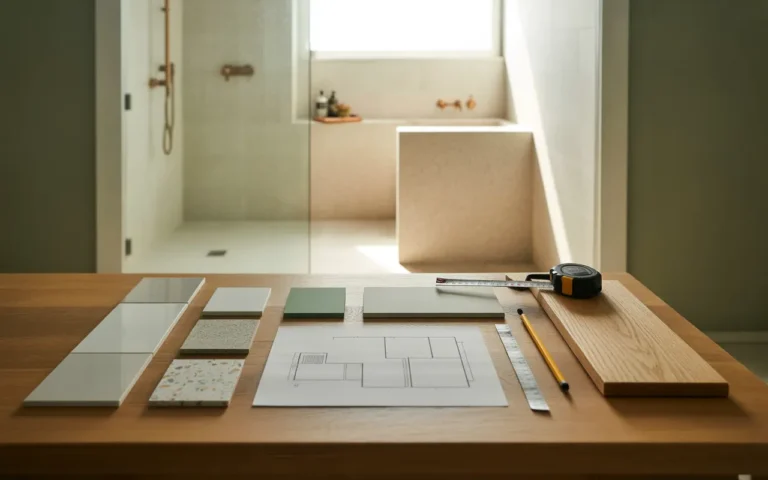 Comment bien préparer une rénovation de salle de bain: échantillons de carrelage, terrazzo, peintures vert sauge et bois sur plan de travail; au fond, douche à l’italienne, microciment sable, meuble-vasque en chêne et robinetterie en laiton brossé, chantier propre.