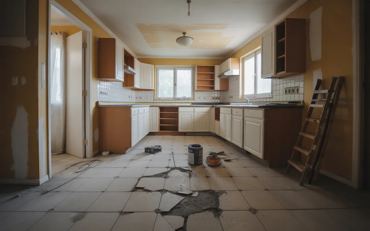 Les erreurs à éviter lors d’une rénovation complète : salon-cuisine en chantier avec carrelage de travers et joints irréguliers, peinture qui bave autour d’un interrupteur mal masqué, meubles hauts désalignés, plinthe mal coupée, silicone irrégulier, boîte d’encastrement ouverte avec fils, échelle instable, plan de travail mal ajusté, outils et pot de peinture au sol.