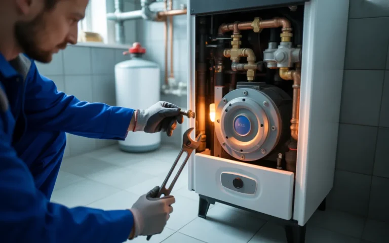 Chauffage : comment entretenir sa chaudière avant l’hiver — technicien en bleu ajuste une vanne en laiton sur une chaudière murale à gaz à condensation ouverte, lueur bleutée du brûleur et tuyauterie en cuivre, entretien préventif.