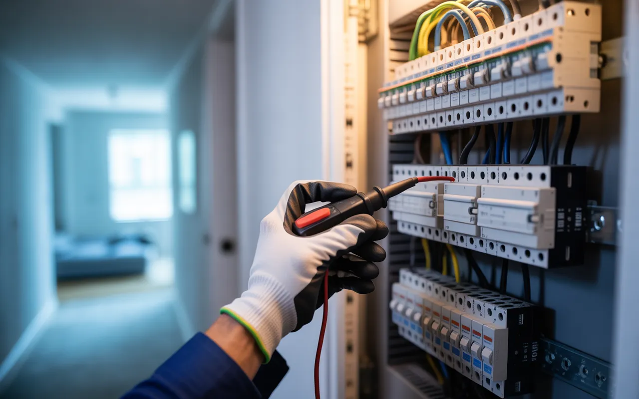 Électricien inspectant, en plan serré, un tableau électrique remis aux normes: disjoncteurs, différentiel et parafoudre alignés, câblage net, testeur en main — Remise aux normes électriques : quand et pourquoi la faire