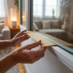 Comment améliorer l’isolation de son logement sans gros travaux : gros plan de mains posant un joint d’étanchéité autocollant sur une fenêtre, salon chaleureux avec rideaux thermiques, boudin de porte et grand tapis.