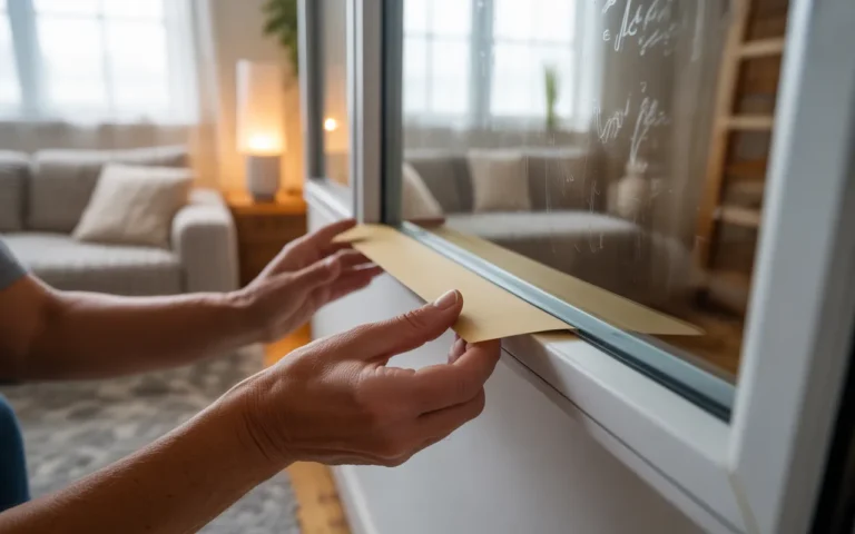 Comment améliorer l’isolation de son logement sans gros travaux : gros plan de mains posant un joint d’étanchéité autocollant sur une fenêtre, salon chaleureux avec rideaux thermiques, boudin de porte et grand tapis.