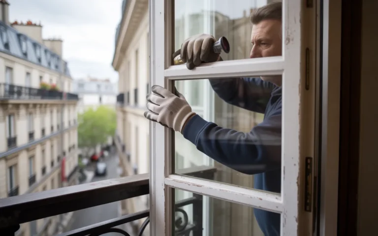 Remplacement de vitres cassées : solutions rapides à Paris — gros plan d’un vitrier ganté posant une vitre neuve avec ventouses dans un cadre de fenêtre haussmannien, arrière-plan parisien flou.